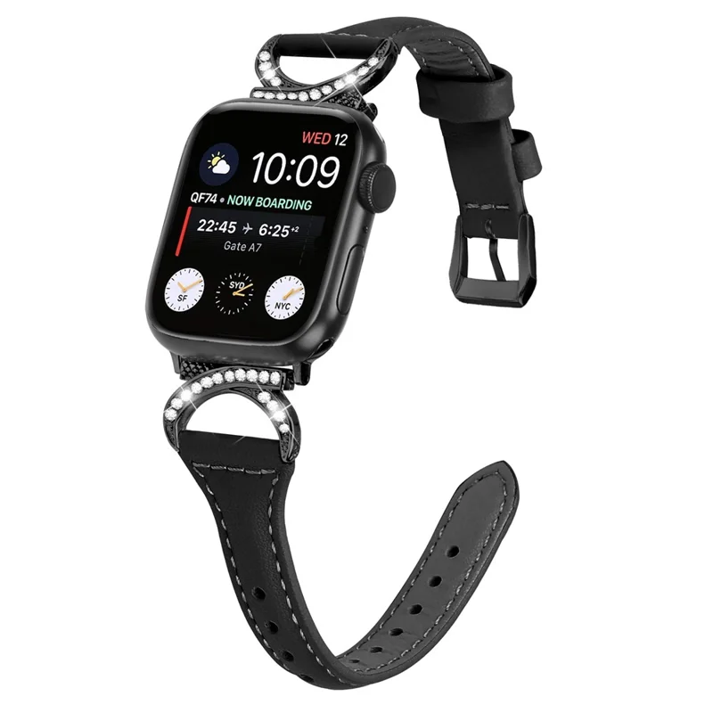 Genuine Cowhide Leather Watch Band for Apple Watch Series 10 42mm / 9 8 7 41mm / SE (2023) SE (2022) SE 6 5 4 40mm / 3 2 1 38mm Rhinestone Decor Strap with Black Buckle - Black