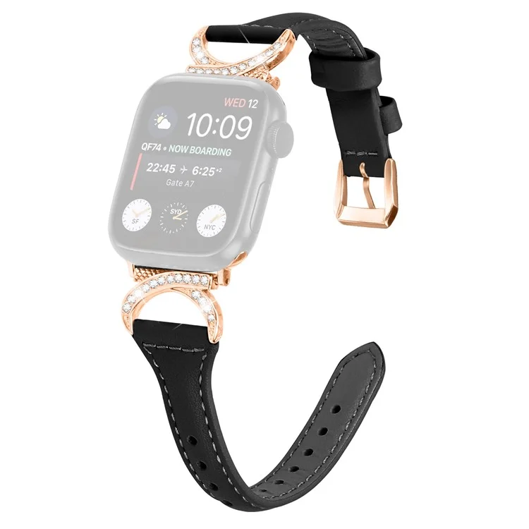 Genuine Cowhide Leather Band for Apple Watch Series 10 42mm / 9 8 7 41mm / SE (2023) SE (2022) SE 6 5 4 40mm / 3 2 1 38mm Rhinestone Strap with Rose Gold Buckle - Black