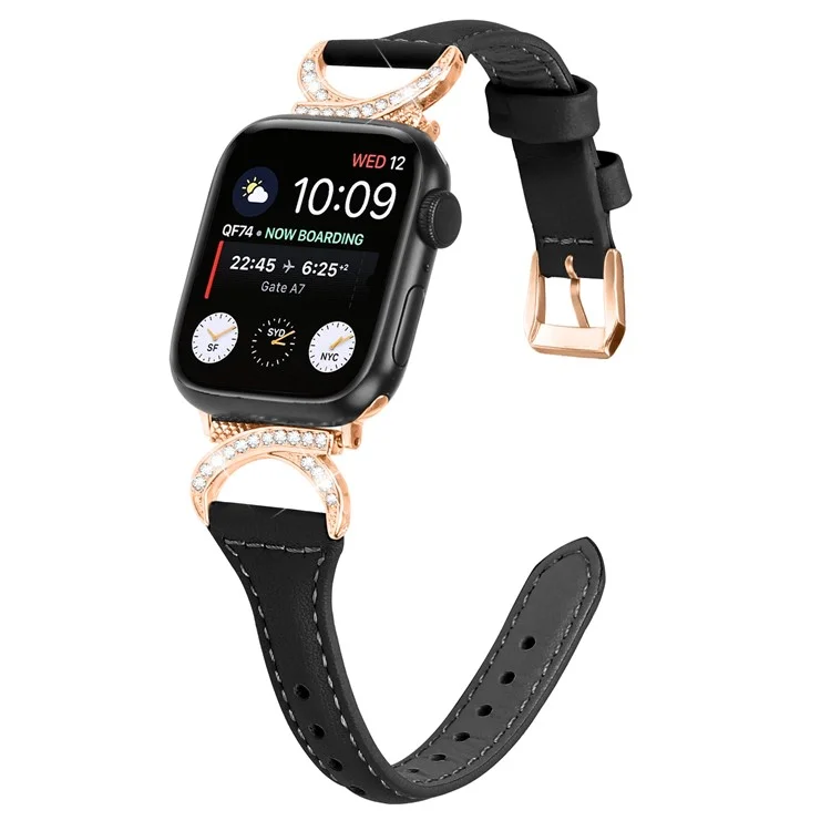 Genuine Cowhide Leather Band for Apple Watch Series 10 42mm / 9 8 7 41mm / SE (2023) SE (2022) SE 6 5 4 40mm / 3 2 1 38mm Rhinestone Strap with Rose Gold Buckle - Black