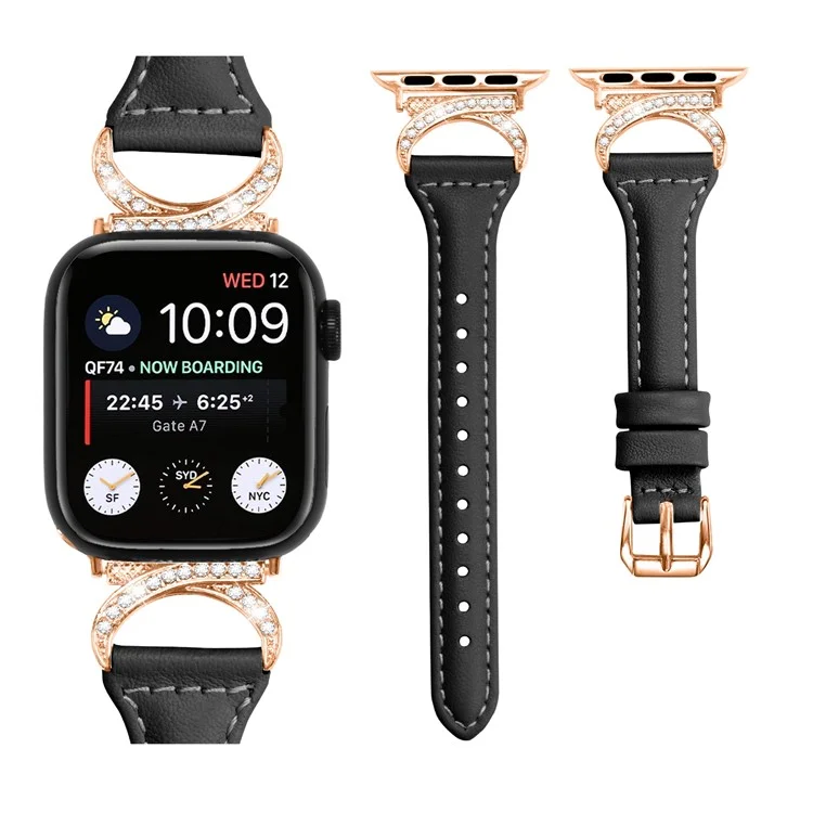 Genuine Cowhide Leather Band for Apple Watch Series 10 42mm / 9 8 7 41mm / SE (2023) SE (2022) SE 6 5 4 40mm / 3 2 1 38mm Rhinestone Strap with Rose Gold Buckle - Black