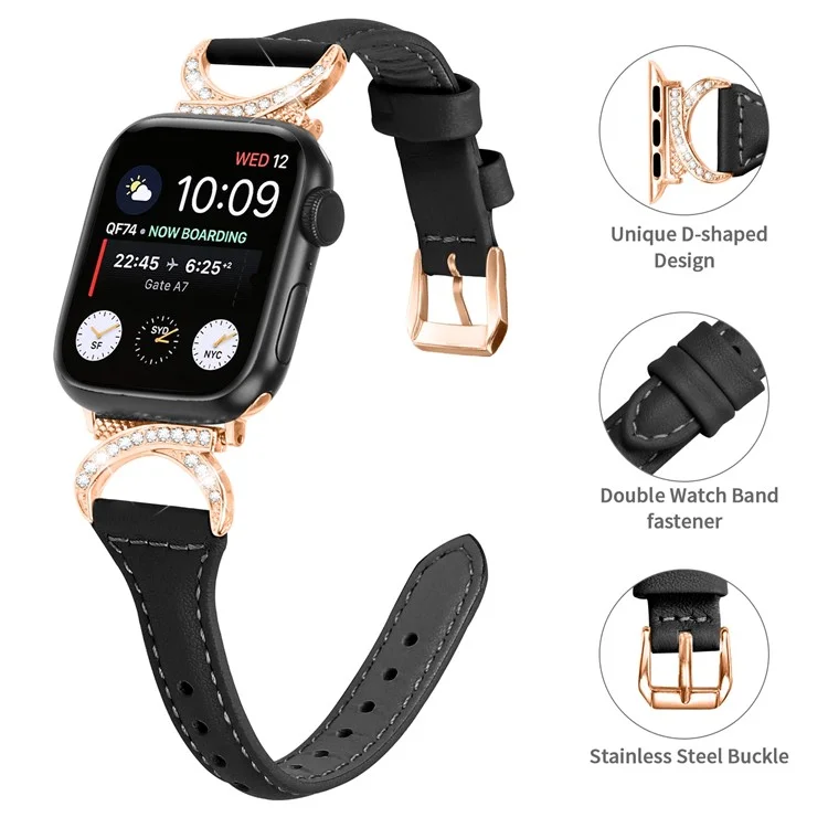 Genuine Cowhide Leather Band for Apple Watch Series 10 42mm / 9 8 7 41mm / SE (2023) SE (2022) SE 6 5 4 40mm / 3 2 1 38mm Rhinestone Strap with Rose Gold Buckle - Black
