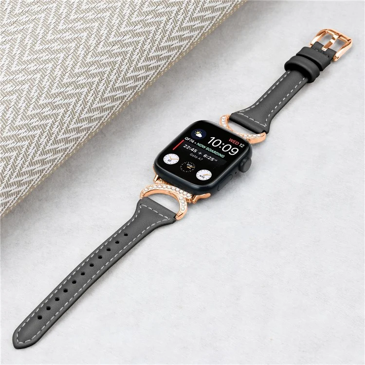 Genuine Cowhide Leather Band for Apple Watch Series 10 42mm / 9 8 7 41mm / SE (2023) SE (2022) SE 6 5 4 40mm / 3 2 1 38mm Rhinestone Strap with Rose Gold Buckle - Black