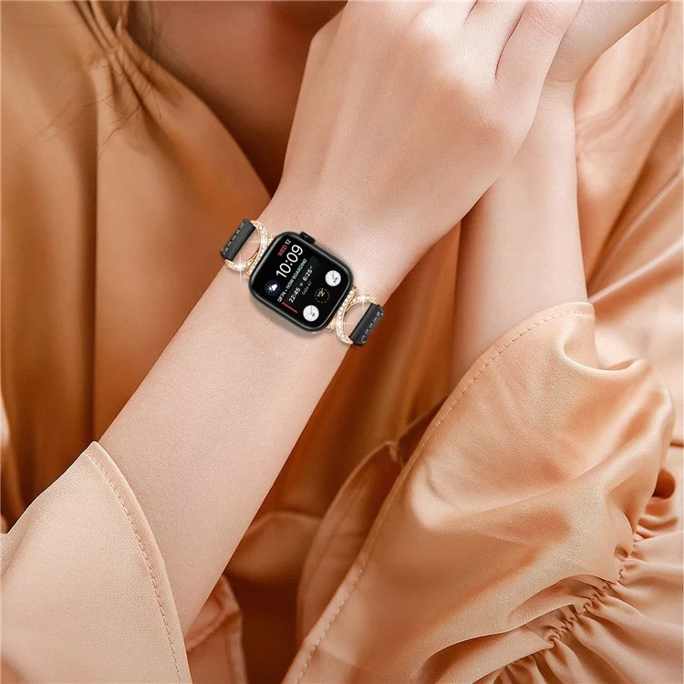 Genuine Cowhide Leather Band for Apple Watch Series 10 42mm / 9 8 7 41mm / SE (2023) SE (2022) SE 6 5 4 40mm / 3 2 1 38mm Rhinestone Strap with Rose Gold Buckle - Black
