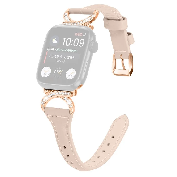 Genuine Cowhide Leather Band for Apple Watch Series 10 42mm / 9 8 7 41mm / SE (2023) SE (2022) SE 6 5 4 40mm / 3 2 1 38mm Rhinestone Strap with Rose Gold Buckle - Apricot
