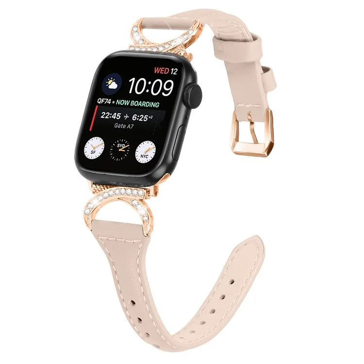 Genuine Cowhide Leather Band for Apple Watch Series 10 42mm / 9 8 7 41mm / SE (2023) SE (2022) SE 6 5 4 40mm / 3 2 1 38mm Rhinestone Strap with Rose Gold Buckle - Apricot