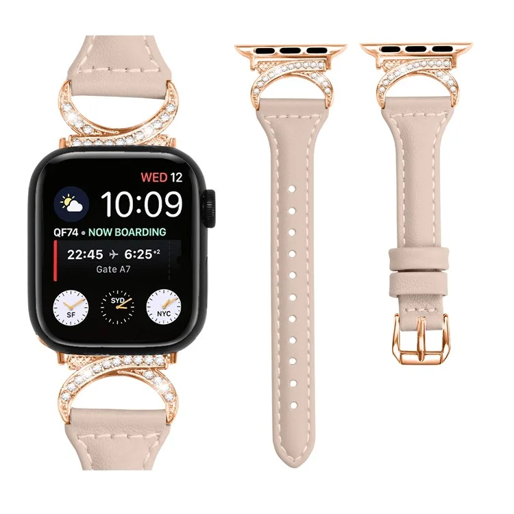 Genuine Cowhide Leather Band for Apple Watch Series 10 42mm / 9 8 7 41mm / SE (2023) SE (2022) SE 6 5 4 40mm / 3 2 1 38mm Rhinestone Strap with Rose Gold Buckle - Apricot