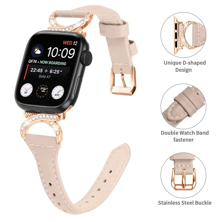 Genuine Cowhide Leather Band for Apple Watch Series 10 42mm / 9 8 7 41mm / SE (2023) SE (2022) SE 6 5 4 40mm / 3 2 1 38mm Rhinestone Strap with Rose Gold Buckle - Apricot