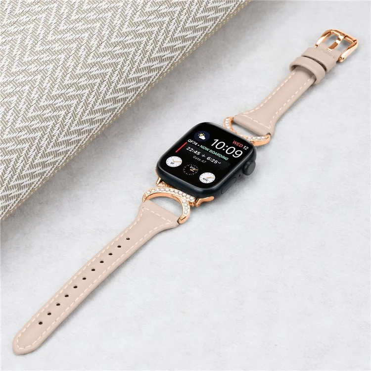 Genuine Cowhide Leather Band for Apple Watch Series 10 42mm / 9 8 7 41mm / SE (2023) SE (2022) SE 6 5 4 40mm / 3 2 1 38mm Rhinestone Strap with Rose Gold Buckle - Apricot