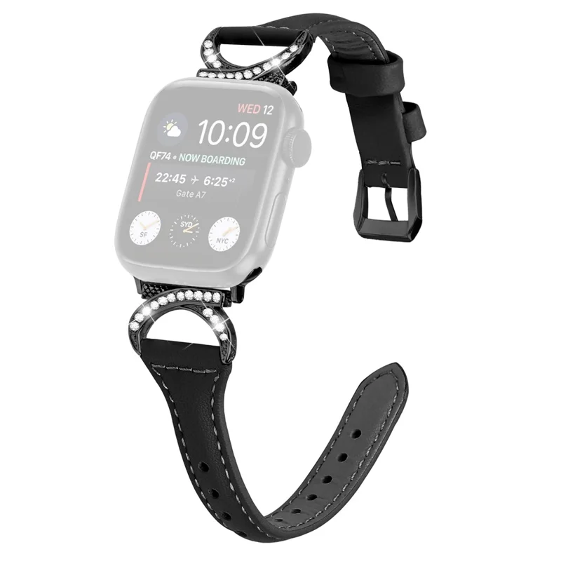 Genuine Cowhide Leather Watch Band for Apple Watch Ultra 3 2 1 49mm / Series 11 10 46mm / 9 8 7 45mm / SE3 SE2 SE 6 5 4 44mm / 3 2 1 42mm Strap with Black Buckle - Black