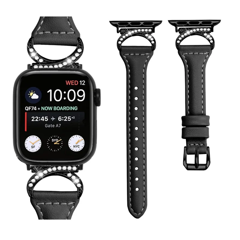Genuine Cowhide Leather Watch Band for Apple Watch Ultra 3 2 1 49mm / Series 11 10 46mm / 9 8 7 45mm / SE3 SE2 SE 6 5 4 44mm / 3 2 1 42mm Strap with Black Buckle - Black