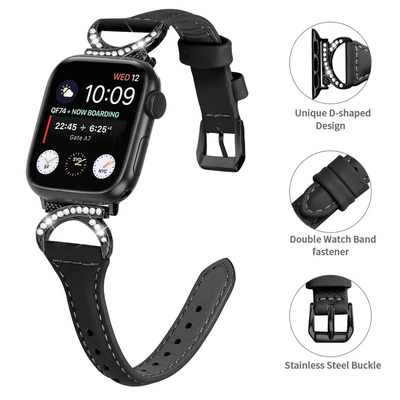 Genuine Cowhide Leather Watch Band for Apple Watch Ultra 3 2 1 49mm / Series 11 10 46mm / 9 8 7 45mm / SE3 SE2 SE 6 5 4 44mm / 3 2 1 42mm Strap with Black Buckle - Black