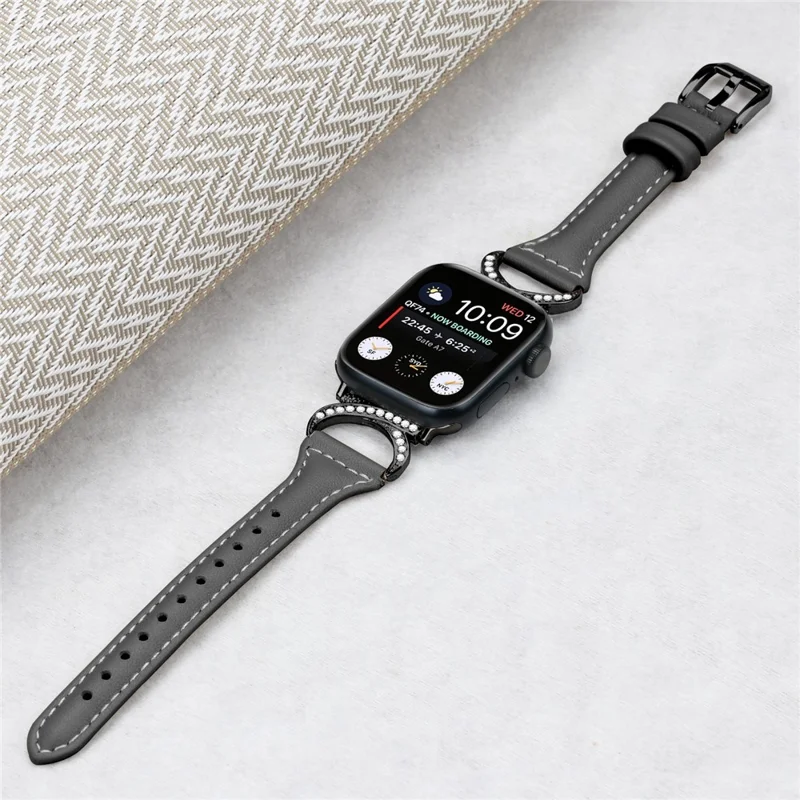 Genuine Cowhide Leather Watch Band for Apple Watch Ultra 3 2 1 49mm / Series 11 10 46mm / 9 8 7 45mm / SE3 SE2 SE 6 5 4 44mm / 3 2 1 42mm Strap with Black Buckle - Black