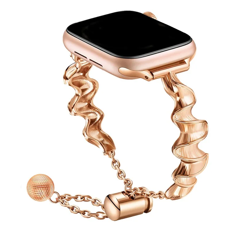 Pulseira de Couro de Vaca Encerado para Apple Watch Série 10 42mm / 9 8 7 41mm / SE (2023) SE (2022) SE 6 5 4 40mm / 3 2 1 38mm Formato de Fita Metálica Smartwatch Strap - Ouro Rosa