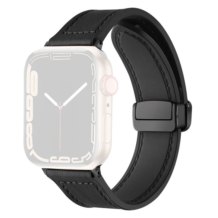 для apple watch ultra 49 мм / серия 8 / 7 45 мм / серия 6 / 5 / 4 / se (2022) / se 44 мм / серия 3 / 2 / 1 42 мм магнитная кожаная кожаная силиконовая полоса часов - черный