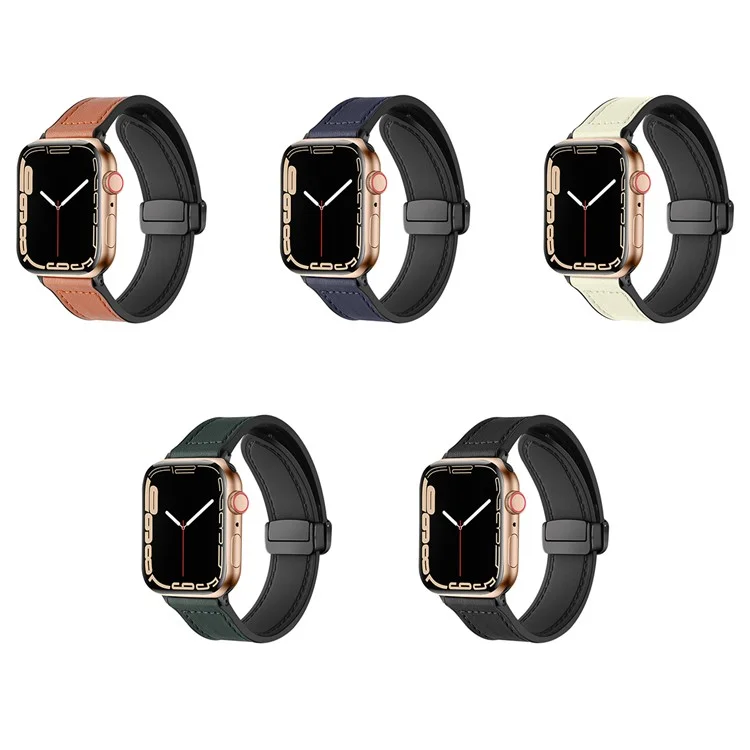 для apple watch ultra 49 мм / серия 8 / 7 45 мм / серия 6 / 5 / 4 / se (2022) / se 44 мм / серия 3 / 2 / 1 42 мм магнитная кожаная кожаная силиконовая полоса часов - черный
