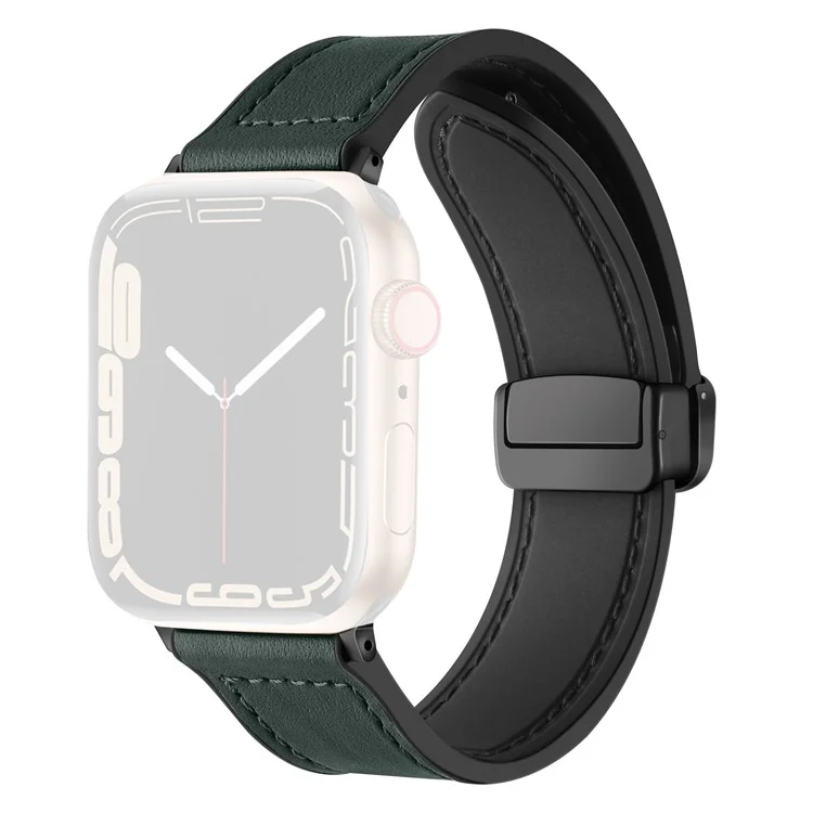 Magnetic Strap for Apple Watch Series 10 42mm / 9 8 7 41mm / SE (2023) SE (2022) SE 6 5 4 40mm / 3 2 1 38mm Leather Coated Silicone Watchband - Army Green