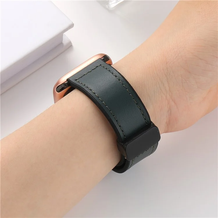Magnetic Strap for Apple Watch Series 10 42mm / 9 8 7 41mm / SE (2023) SE (2022) SE 6 5 4 40mm / 3 2 1 38mm Leather Coated Silicone Watchband - Army Green