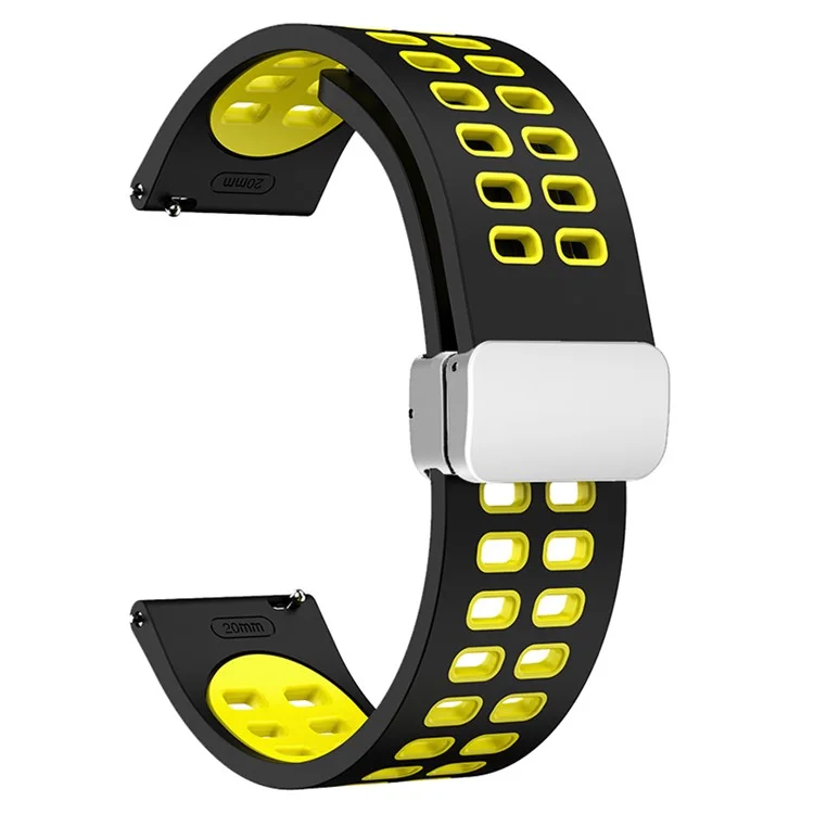 Correa de Reloj de Silicona para Huami Amazfit GTR Mini / Bip 3 / Bip 3 Pro, Correa Magnética Bicolor de 20 mm con Hebilla Plegable de Plata - Negro+Amarillo