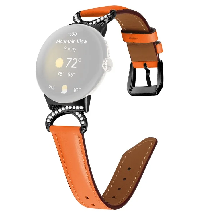 Per Google Pixel Watch 3 41mm / Watch 2 / Pixel Watch Rhinestone Decor D-Shape Connector Split Leather Replacement Strap with Black Buckle - Orange