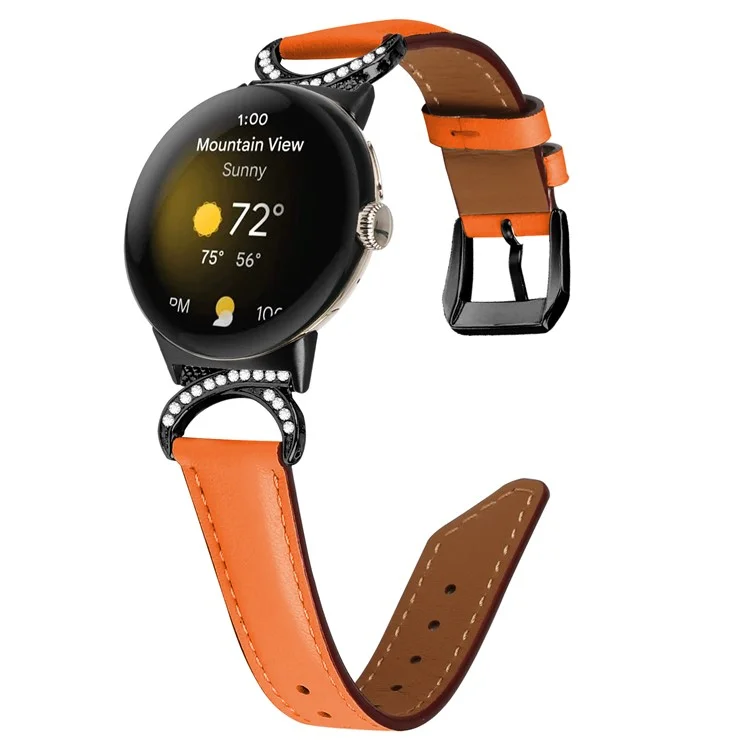 Per Google Pixel Watch 3 41mm / Watch 2 / Pixel Watch Rhinestone Decor D-Shape Connector Split Leather Replacement Strap with Black Buckle - Orange