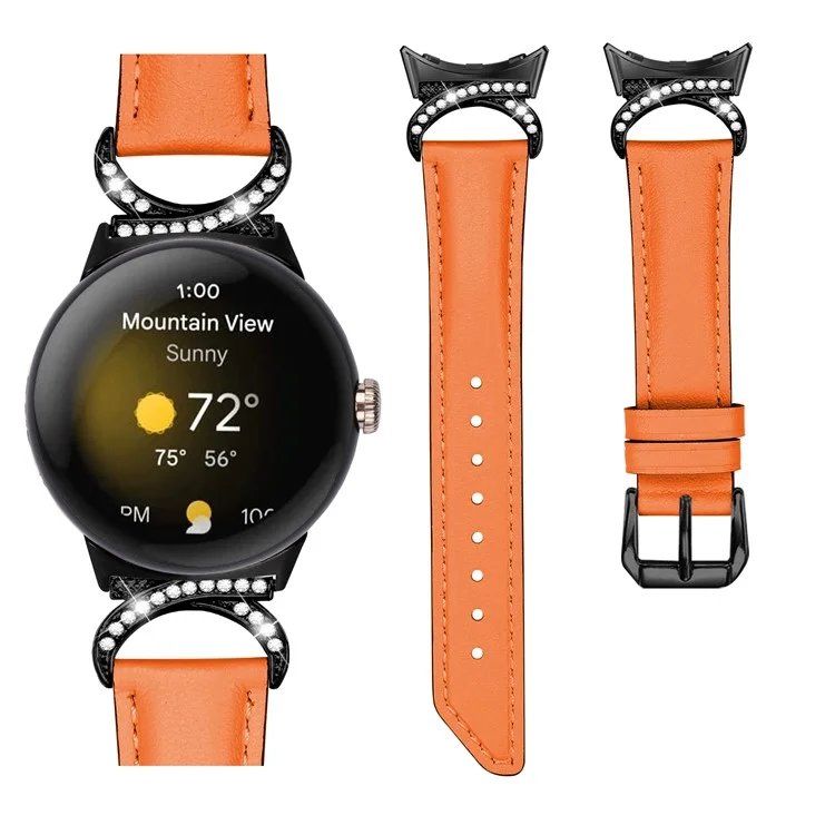 Per Google Pixel Watch 3 41mm / Watch 2 / Pixel Watch Rhinestone Decor D-Shape Connector Split Leather Replacement Strap with Black Buckle - Orange