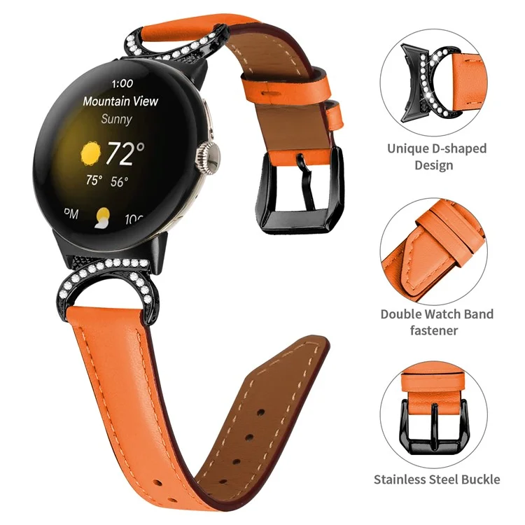 Per Google Pixel Watch 3 41mm / Watch 2 / Pixel Watch Rhinestone Decor D-Shape Connector Split Leather Replacement Strap with Black Buckle - Orange