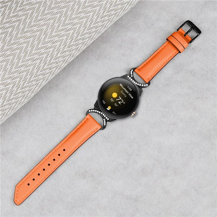 Per Google Pixel Watch 3 41mm / Watch 2 / Pixel Watch Rhinestone Decor D-Shape Connector Split Leather Replacement Strap with Black Buckle - Orange