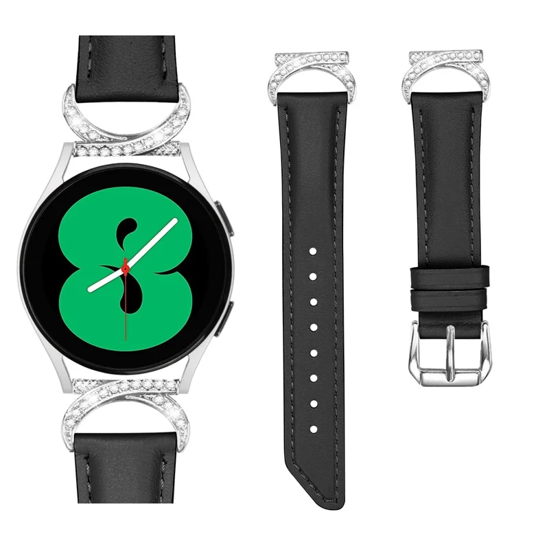 Per Samsung Galaxy Watch 3 41mm / Watch 5 40mm / 44mm Cinturino di ricambio 20mm Connettore in metallo a forma di D con strass - Cinturino in pelle divisa con fibbia in argento - Nero