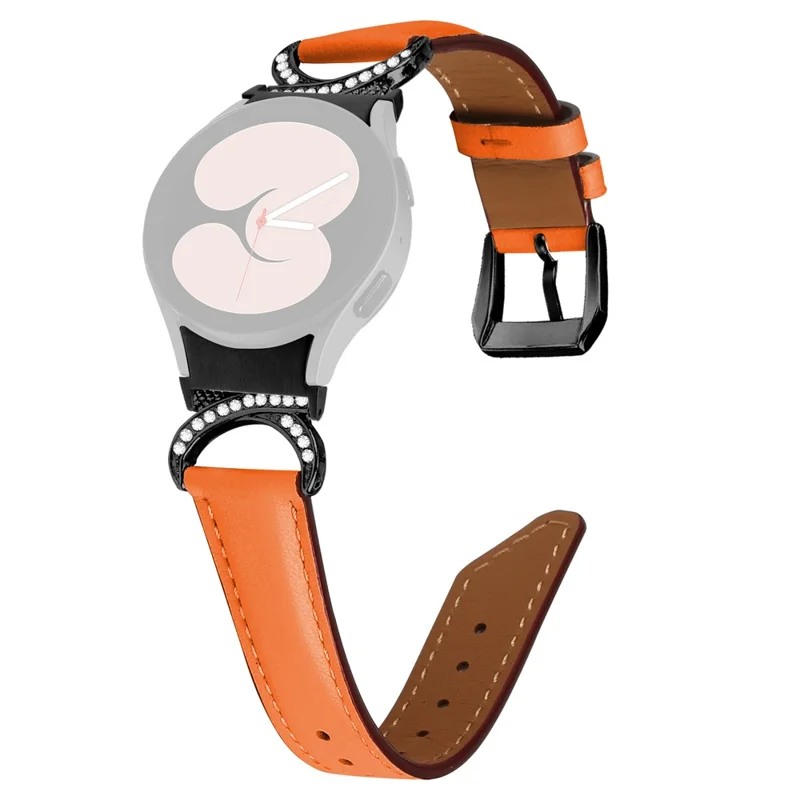 For Samsung Galaxy Watch6 40mm 44mm / Watch6 Classic 43mm 47mm / Watch 5 40mm 44mm / Watch4 40mm 44mm Split Leather Strap Rhinestone D-form kobling Udskiftning Bånd med Sort Spænde - Orange