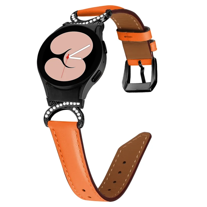 For Samsung Galaxy Watch6 40mm 44mm / Watch6 Classic 43mm 47mm / Watch 5 40mm 44mm / Watch4 40mm 44mm Split Leather Strap Rhinestone D-form kobling Udskiftning Bånd med Sort Spænde - Orange