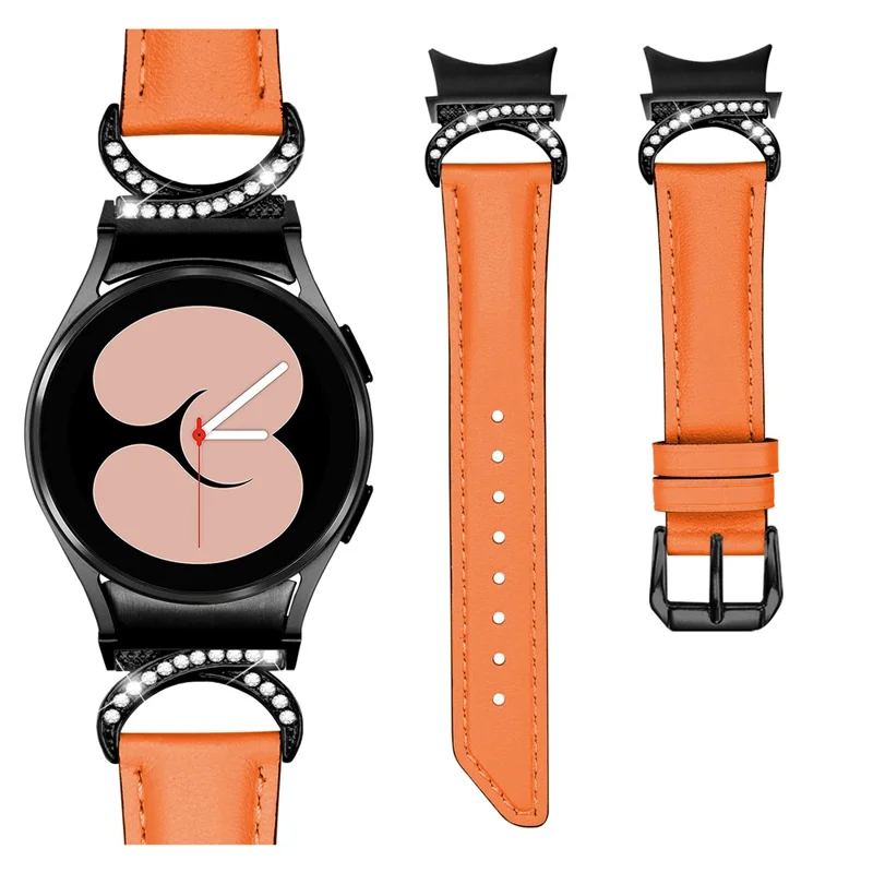 For Samsung Galaxy Watch6 40mm 44mm / Watch6 Classic 43mm 47mm / Watch 5 40mm 44mm / Watch4 40mm 44mm Split Leather Strap Rhinestone D-form kobling Udskiftning Bånd med Sort Spænde - Orange