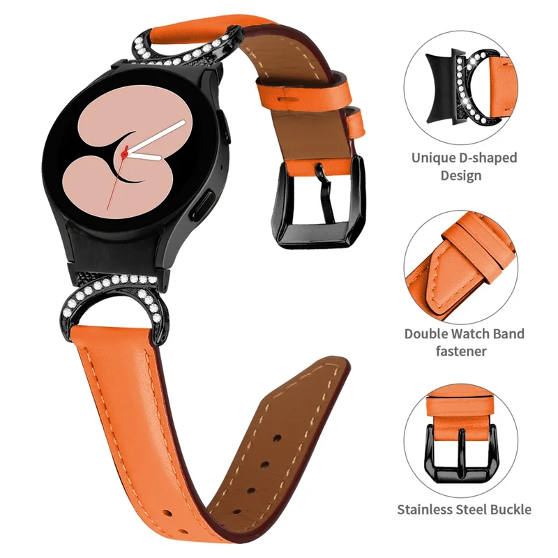 For Samsung Galaxy Watch6 40mm 44mm / Watch6 Classic 43mm 47mm / Watch 5 40mm 44mm / Watch4 40mm 44mm Split Leather Strap Rhinestone D-form kobling Udskiftning Bånd med Sort Spænde - Orange