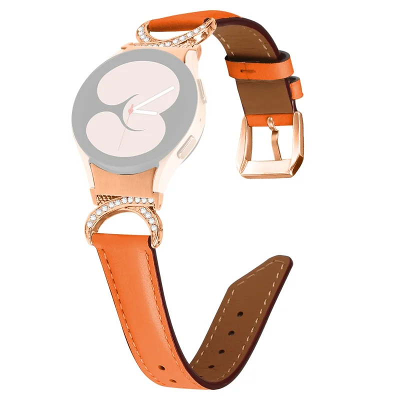 For Samsung Galaxy Watch6 40mm 44mm / Watch6 Classic 43mm 47mm / Watch 5 40mm 44mm / Watch4 40mm 44mm Rhinestone D-shape Connector Wrist Band Adjustable Split Leather Strap with Rose Gold Buckle - Orange