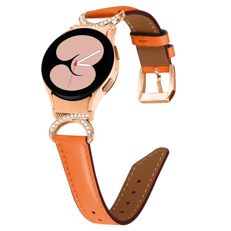 For Samsung Galaxy Watch6 40mm 44mm / Watch6 Classic 43mm 47mm / Watch 5 40mm 44mm / Watch4 40mm 44mm Rhinestone D-shape Connector Wrist Band Adjustable Split Leather Strap with Rose Gold Buckle - Orange