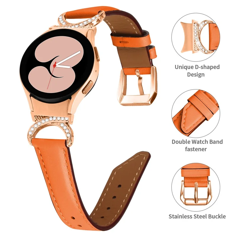 For Samsung Galaxy Watch6 40mm 44mm / Watch6 Classic 43mm 47mm / Watch 5 40mm 44mm / Watch4 40mm 44mm Rhinestone D-shape Connector Wrist Band Adjustable Split Leather Strap with Rose Gold Buckle - Orange
