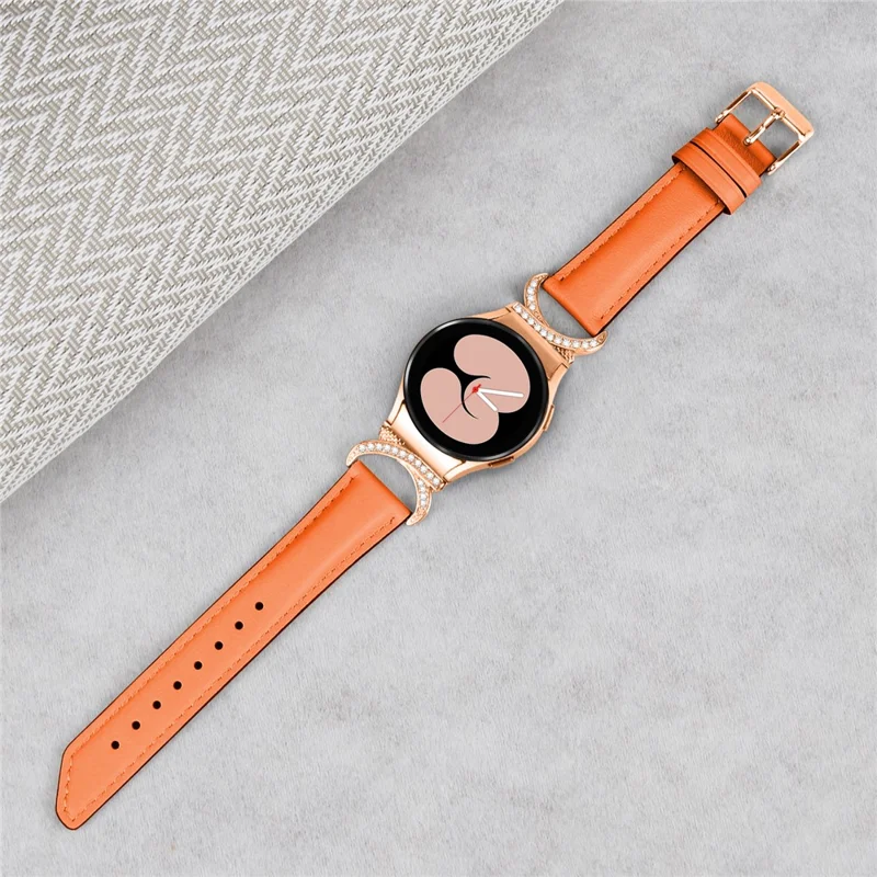 For Samsung Galaxy Watch6 40mm 44mm / Watch6 Classic 43mm 47mm / Watch 5 40mm 44mm / Watch4 40mm 44mm Rhinestone D-shape Connector Wrist Band Adjustable Split Leather Strap with Rose Gold Buckle - Orange