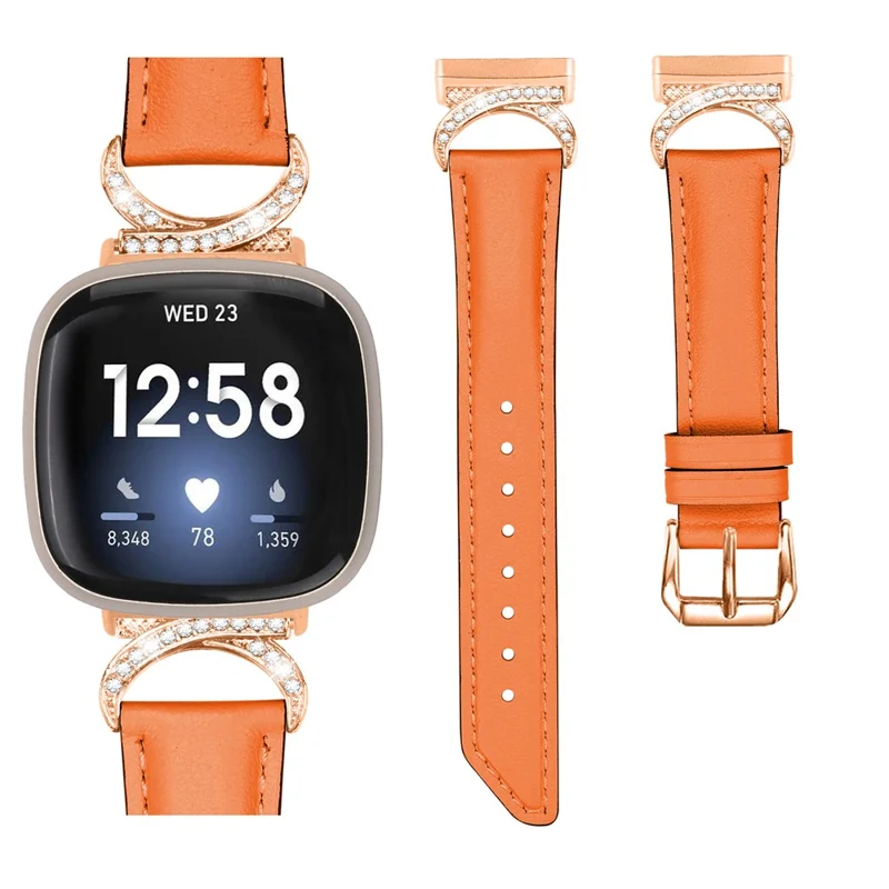 For Fitbit Versa 3 / Versa 4 / Sense / Sense 2 Wrist Band Rhinestone D-shape Connector Split Leather Adjustable Strap with Rose Gold Buckle - Orange