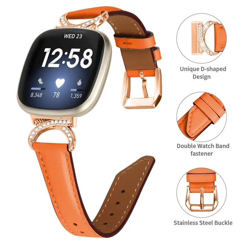For Fitbit Versa 3 / Versa 4 / Sense / Sense 2 Wrist Band Rhinestone D-shape Connector Split Leather Adjustable Strap with Rose Gold Buckle - Orange