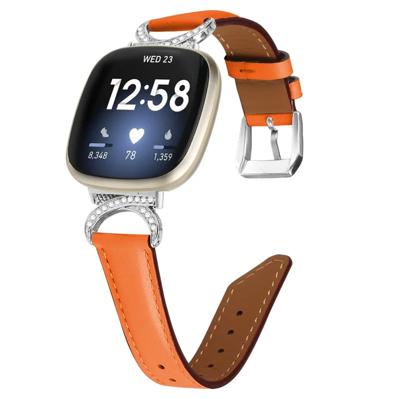 For Fitbit Versa 3 / Versa 4 / Sense / Sense 2 Rhinestone D-shape Connector Wrist Band Split Leather Watch Strap with Silver Buckle - Orange