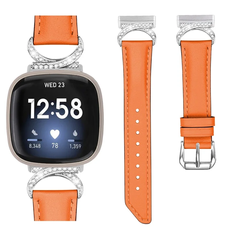 For Fitbit Versa 3 / Versa 4 / Sense / Sense 2 Rhinestone D-shape Connector Wrist Band Split Leather Watch Strap with Silver Buckle - Orange