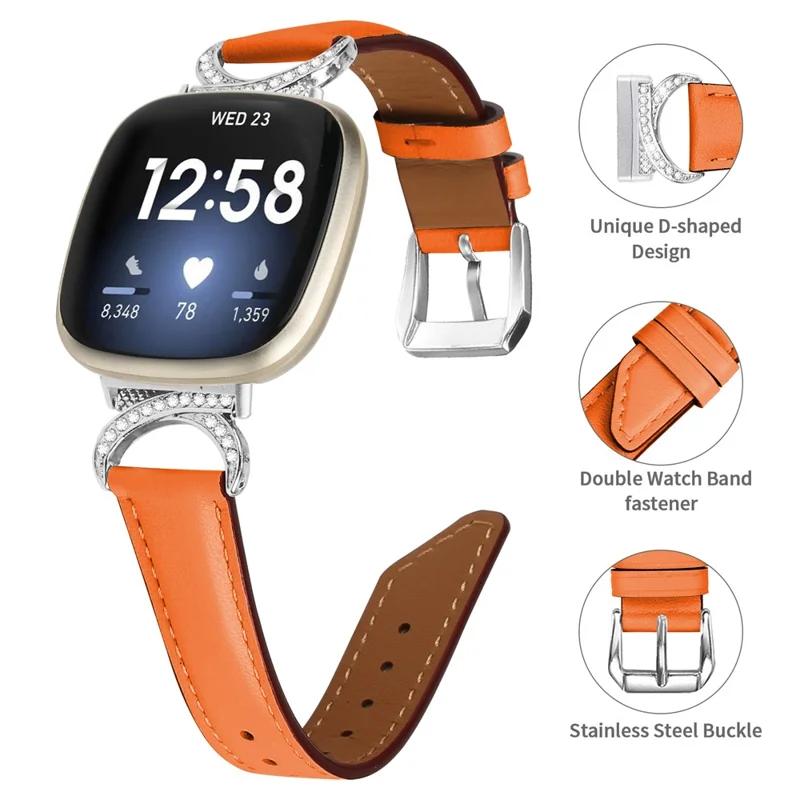 For Fitbit Versa 3 / Versa 4 / Sense / Sense 2 Rhinestone D-shape Connector Wrist Band Split Leather Watch Strap with Silver Buckle - Orange