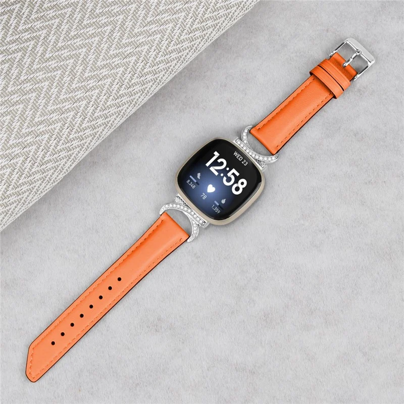 For Fitbit Versa 3 / Versa 4 / Sense / Sense 2 Rhinestone D-shape Connector Wrist Band Split Leather Watch Strap with Silver Buckle - Orange