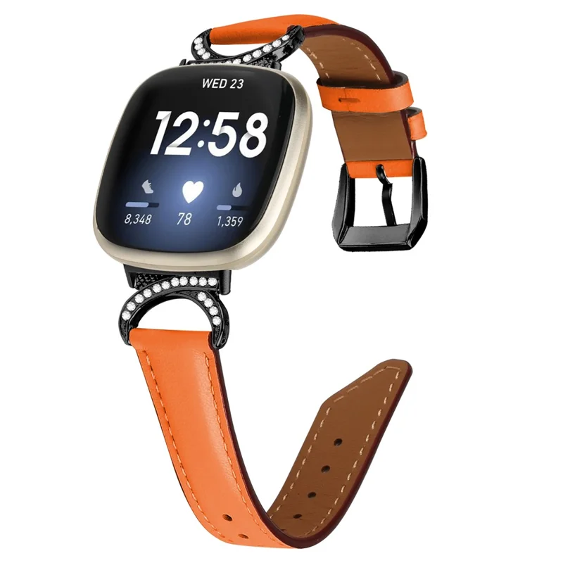For Fitbit Versa 3 / Versa 4 / Sense / Sense 2 Split Leather Watch Strap Rhinestone D-shape Connector Wrist Band with Black Buckle - Orange