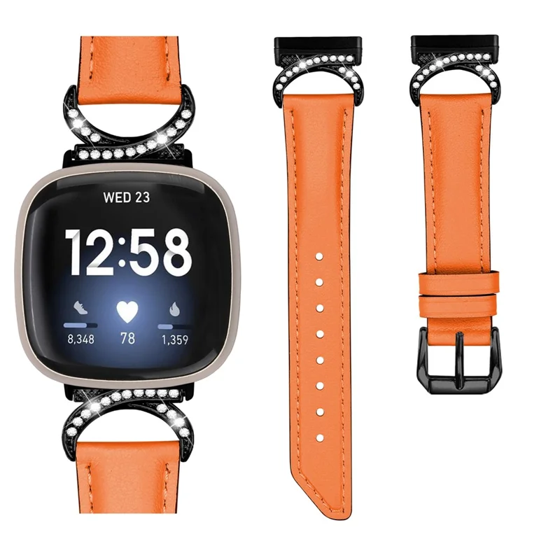 For Fitbit Versa 3 / Versa 4 / Sense / Sense 2 Split Leather Watch Strap Rhinestone D-shape Connector Wrist Band with Black Buckle - Orange