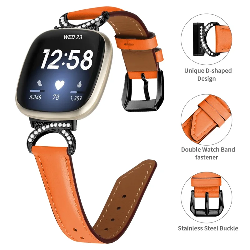 For Fitbit Versa 3 / Versa 4 / Sense / Sense 2 Split Leather Watch Strap Rhinestone D-shape Connector Wrist Band with Black Buckle - Orange