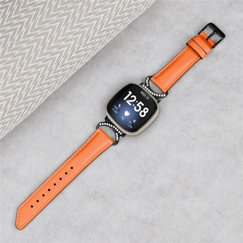 For Fitbit Versa 3 / Versa 4 / Sense / Sense 2 Split Leather Watch Strap Rhinestone D-shape Connector Wrist Band with Black Buckle - Orange