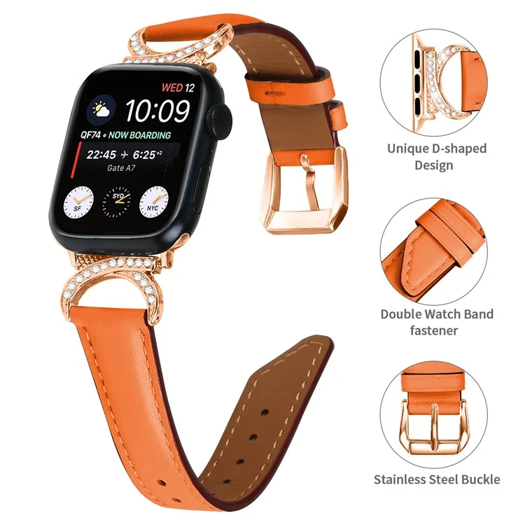 Rhinestone Watch Band for Apple Watch Series 10 42mm / 9 8 7 41mm / SE (2023) SE (2022) SE 6 5 4 40mm / 3 2 1 38mm Genuine Cowhide Leather Strap with Rose Gold Buckle - Orange