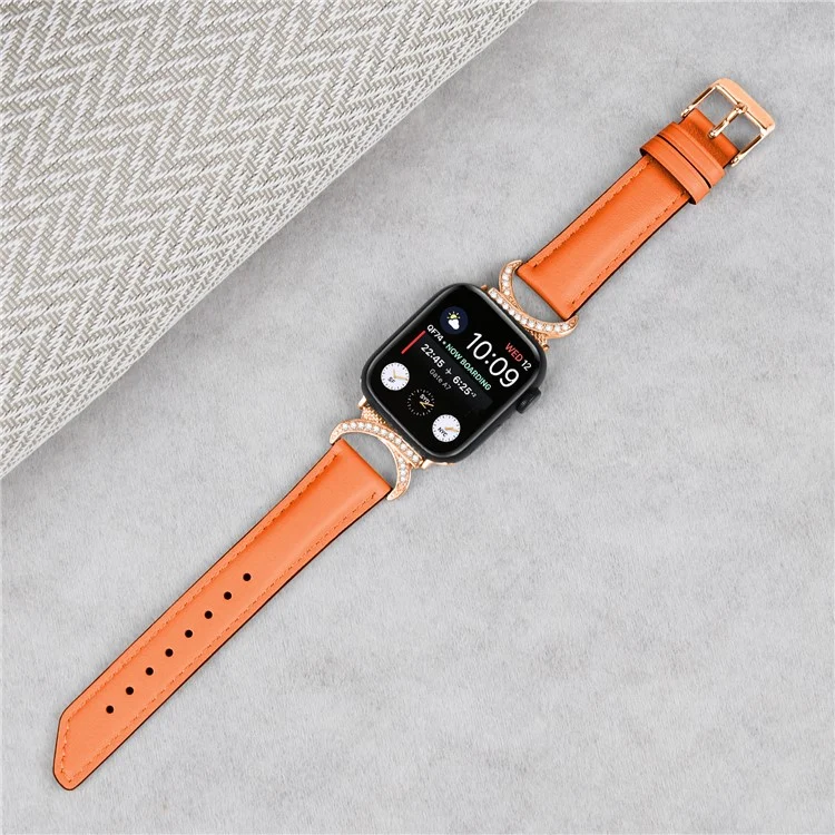 Rhinestone Watch Band for Apple Watch Series 10 42mm / 9 8 7 41mm / SE (2023) SE (2022) SE 6 5 4 40mm / 3 2 1 38mm Genuine Cowhide Leather Strap with Rose Gold Buckle - Orange