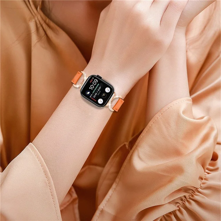 Rhinestone Watch Band for Apple Watch Series 10 42mm / 9 8 7 41mm / SE (2023) SE (2022) SE 6 5 4 40mm / 3 2 1 38mm Genuine Cowhide Leather Strap with Rose Gold Buckle - Orange