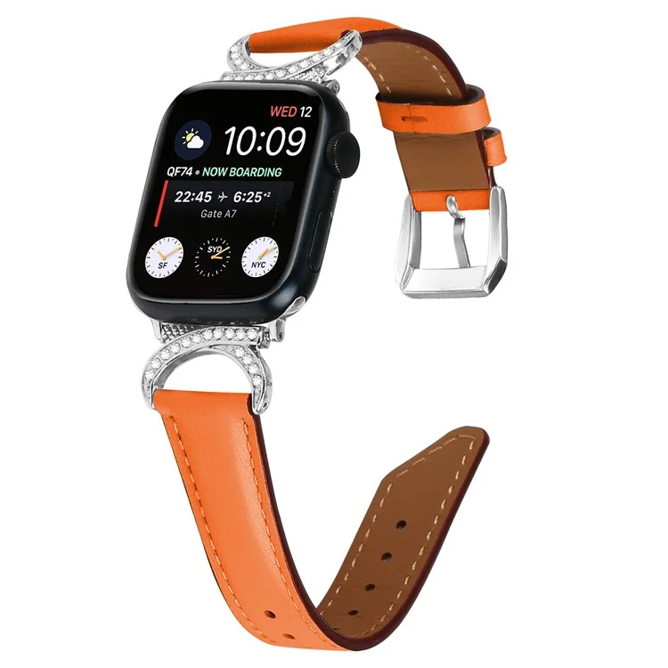 Band for Apple Watch Series 10 46mm / Ultra 2 Ultra 49mm /  Series 9 8 7 45mm / 6 5 4 SE (2023) SE (2022) SE 44mm / 3 2 1 42mm Genuine Cowhide Leather Rhinestone Strap with Silver Buckle - Orange